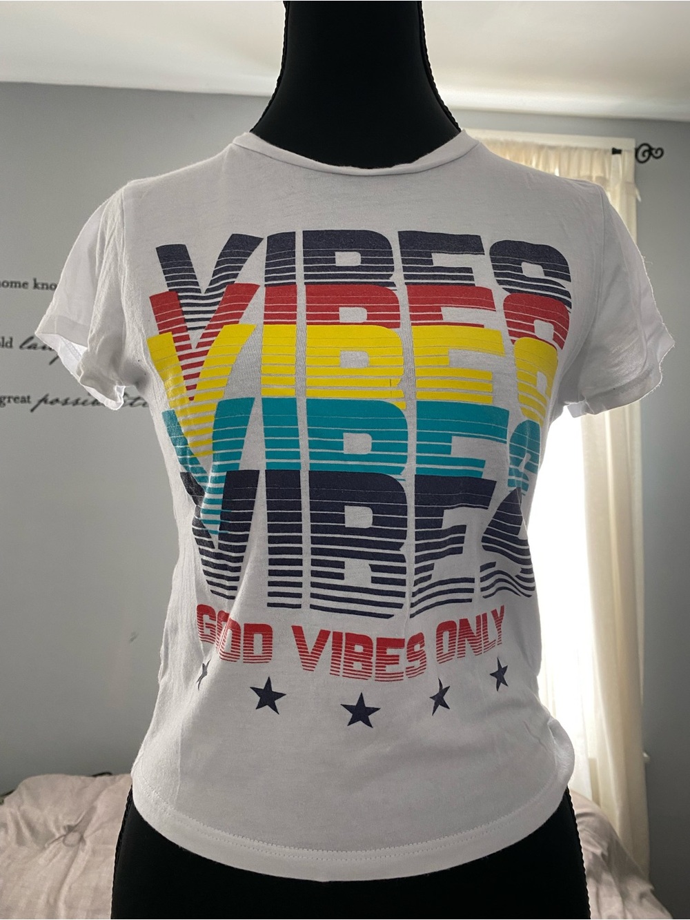 Fashion Nova White 'Vibes' Graphic Tee with Multicolor Stripes